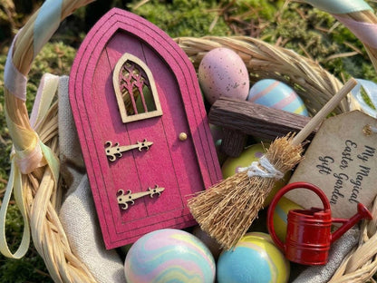 Easter Fairy Basket Gift Set, Fairy Door Bundle, Easter Basket Filler, Mini Fairy Garden Gift, Fairy Bench Broom Watering Can
