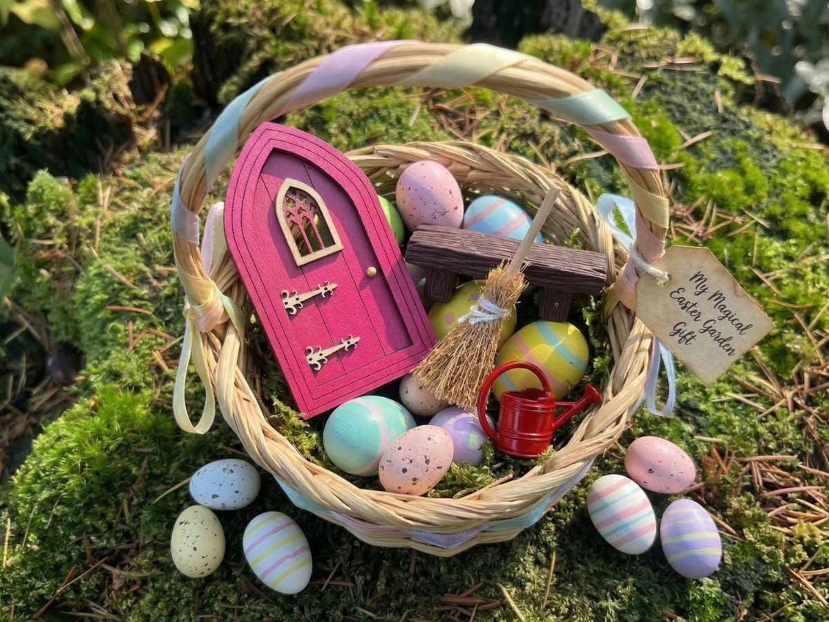 Easter Fairy Basket Gift Set, Fairy Door Bundle, Easter Basket Filler, Mini Fairy Garden Gift, Fairy Bench Broom Watering Can