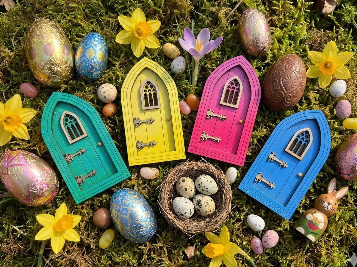 Easter Fairy Basket Gift Set, Fairy Door Bundle, Easter Basket Filler, Mini Fairy Garden Gift, Fairy Bench Broom Watering Can