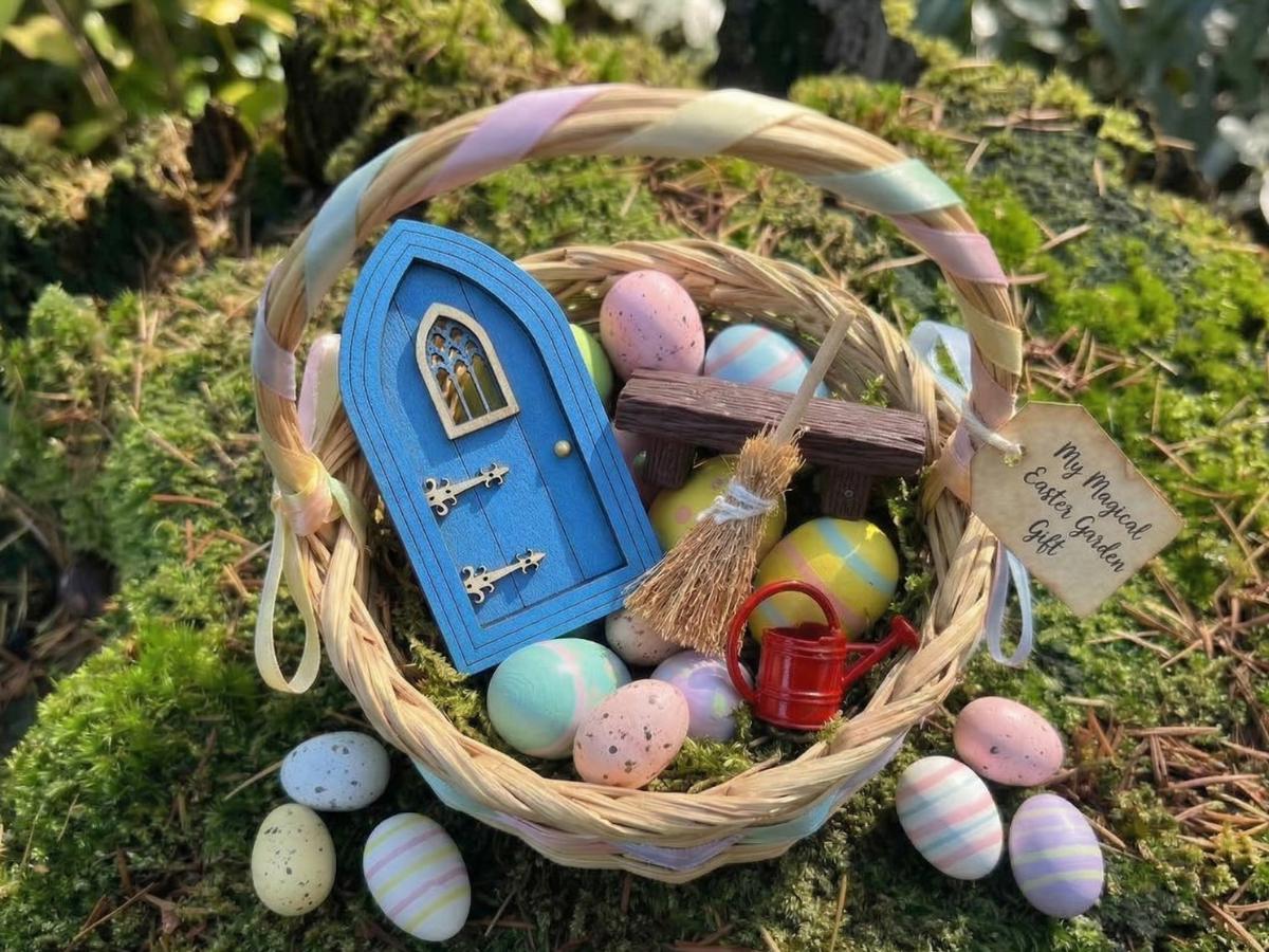 Easter Fairy Basket Gift Set, Fairy Door Bundle, Easter Basket Filler, Mini Fairy Garden Gift, Fairy Bench Broom Watering Can