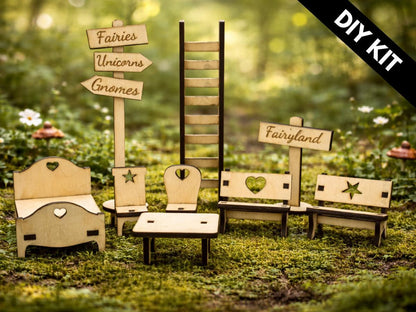 DIY Fairy Furniture Collection Kit - Laser Cut Plywood Mini Furniture - 9 Piece Set