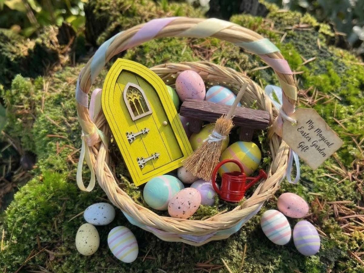 Easter Fairy Basket Gift Set, Fairy Door Bundle, Easter Basket Filler, Mini Fairy Garden Gift, Fairy Bench Broom Watering Can