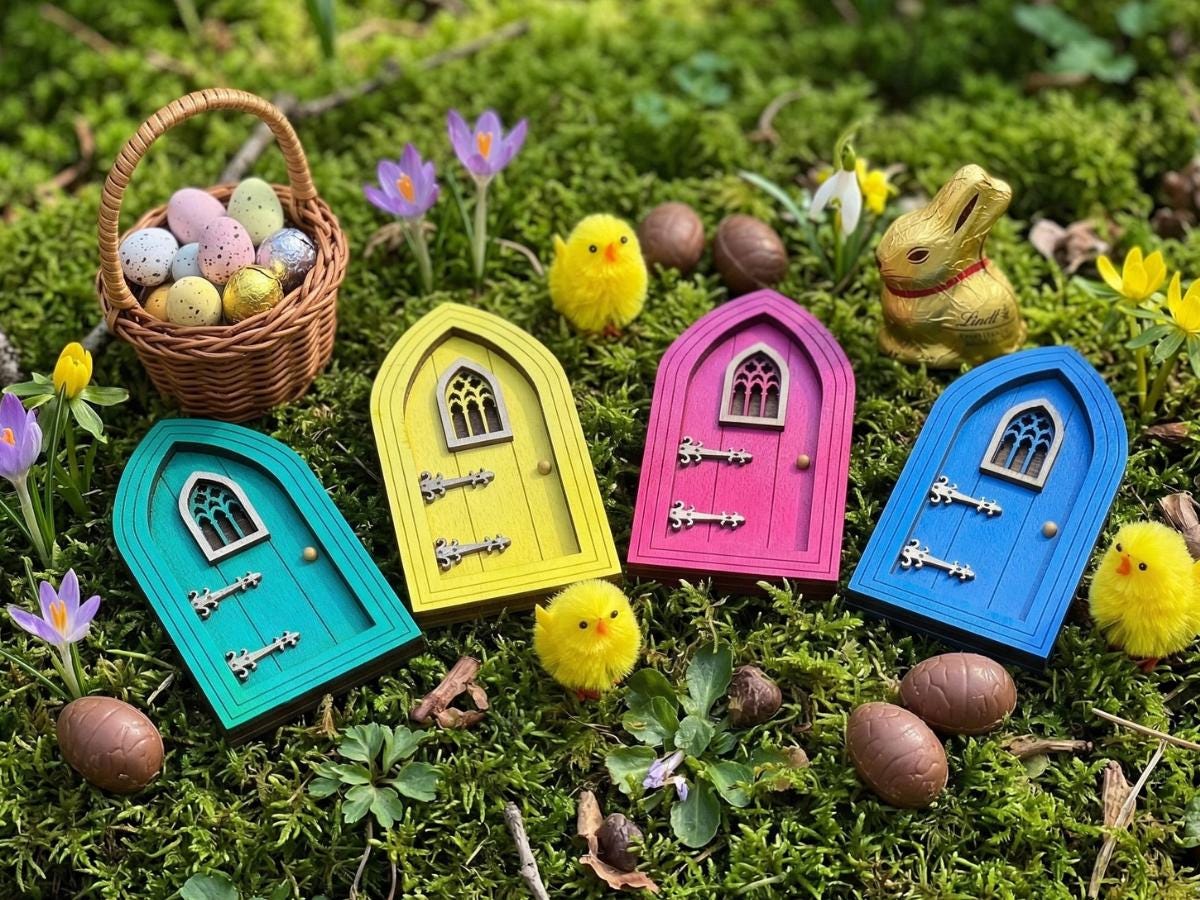 Easter Fairy Basket Gift Set, Fairy Door Bundle, Easter Basket Filler, Mini Fairy Garden Gift, Fairy Bench Broom Watering Can