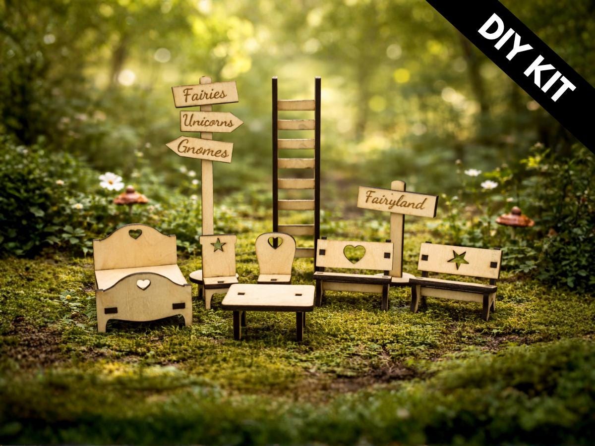 DIY Fairy Furniture Collection Kit - Laser Cut Plywood Mini Furniture - 9 Piece Set