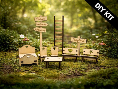 DIY Fairy Furniture Collection Kit - Laser Cut Plywood Mini Furniture - 9 Piece Set