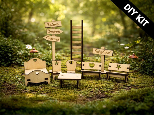 DIY Fairy Furniture Collection Kit - Laser Cut Plywood Mini Furniture - 9 Piece Set