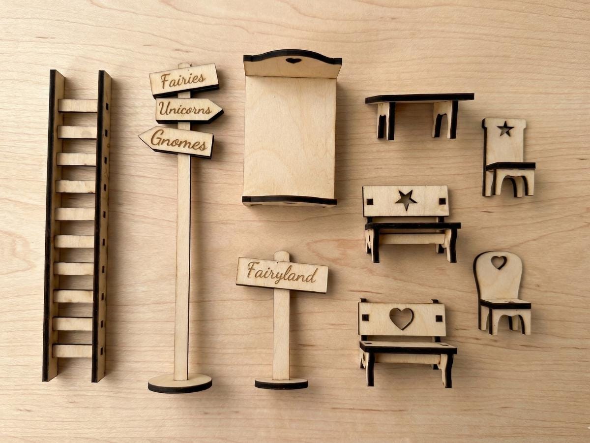 DIY Fairy Furniture Collection Kit - Laser Cut Plywood Mini Furniture - 9 Piece Set