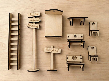 DIY Fairy Furniture Collection Kit - Laser Cut Plywood Mini Furniture - 9 Piece Set