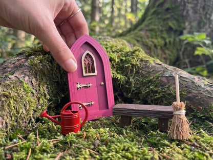 Fairy Door Starter Kit - Mini Fairy Garden Gift Set with Door, Bench, Broom and Watering Ca