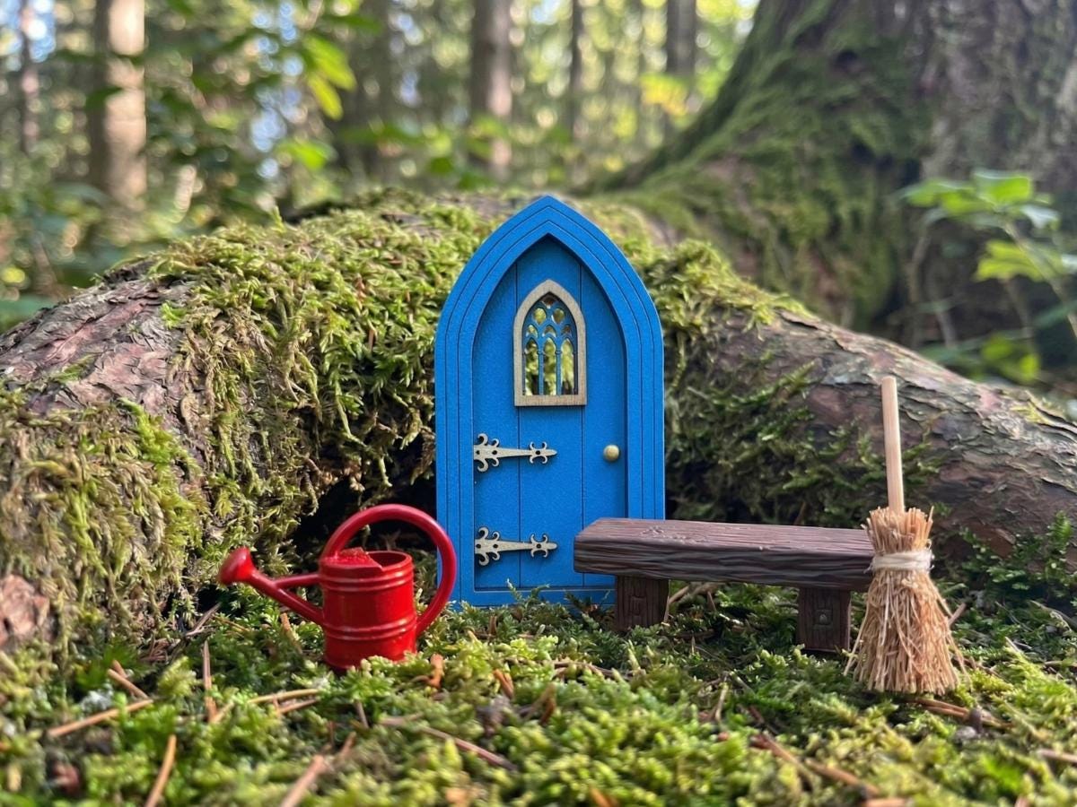 Fairy Door Starter Kit - Mini Fairy Garden Gift Set with Door, Bench, Broom and Watering Ca