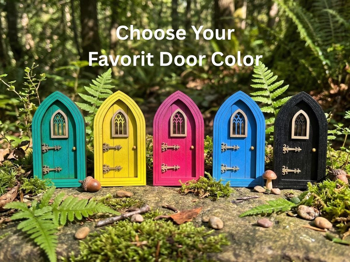 Fairy Door Starter Kit - Mini Fairy Garden Gift Set with Door, Bench, Broom and Watering Ca