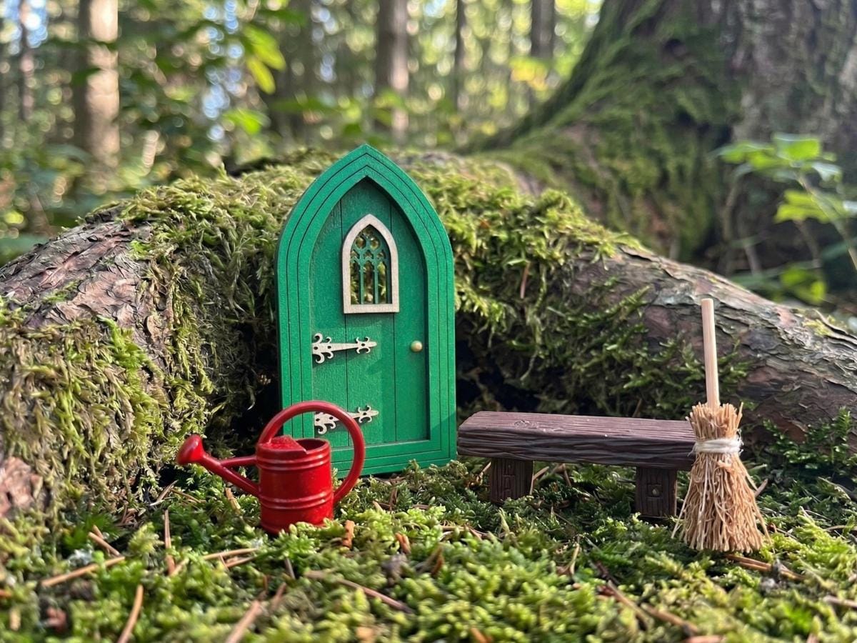 Fairy Door Starter Kit - Mini Fairy Garden Gift Set with Door, Bench, Broom and Watering Ca