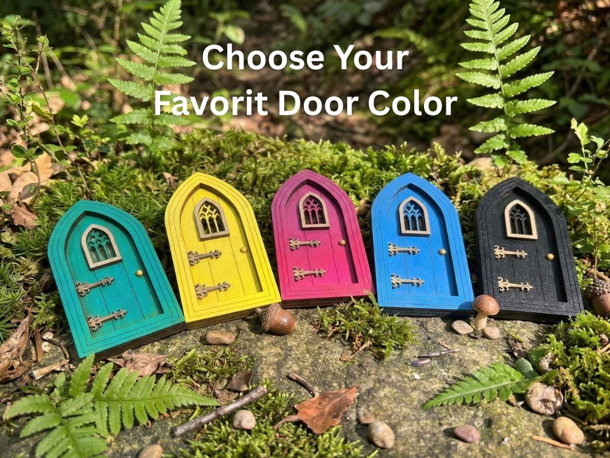 Fairy Door Starter Kit - Mini Fairy Garden Gift Set with Door, Bench, Broom and Watering Ca