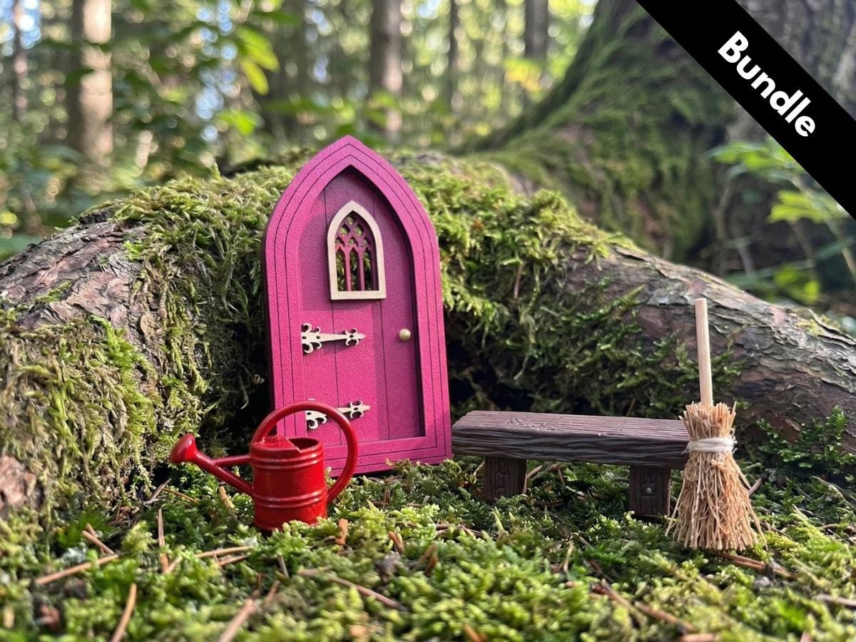 Fairy Door Starter Kit - Mini Fairy Garden Gift Set with Door, Bench, Broom and Watering Ca