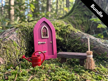 Fairy Door Starter Kit - Mini Fairy Garden Gift Set with Door, Bench, Broom and Watering Ca