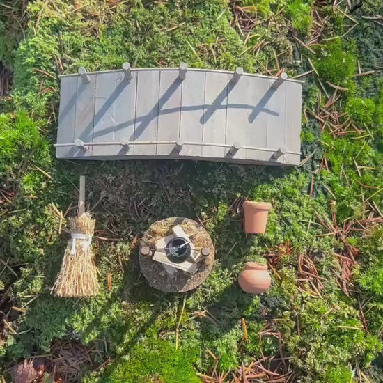 Fairy Garden Starter Set – Wooden Bridge + Mini Fireplace + 2 Tiny Terracotta Pots + Straw Broom