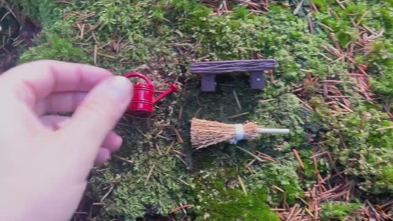 Fairy Door Starter Set - Mini Straw Broom + Watering Can (Red or Green) + Bench