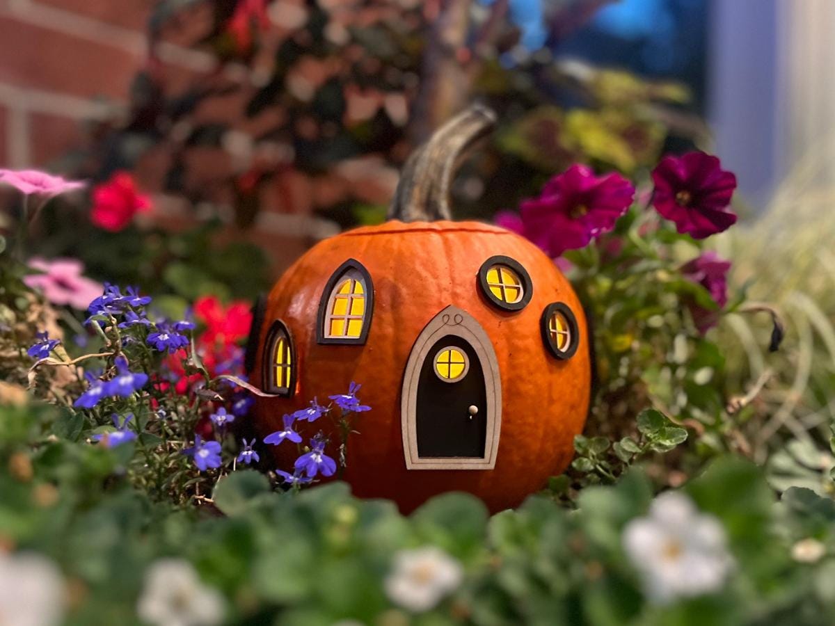 Pumpkin fairy house with a finished black fairy door and matching windows